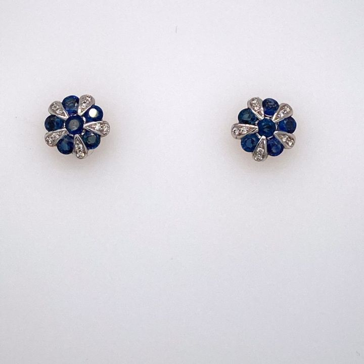 9ct Yellow Gold Sapphire & Diamond Round Flower Cluster Earrings