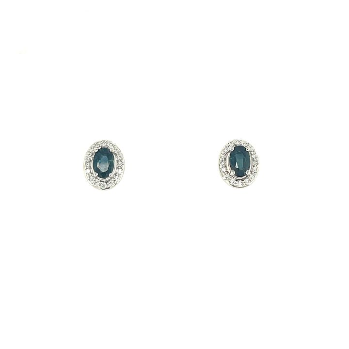 9ct White Gold Oval Sapphire & Diamond Cluster Stud Earrings