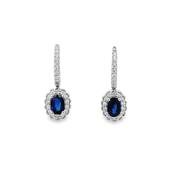 18ct White Gold Oval Sapphire & Diamond Drop Earrings
