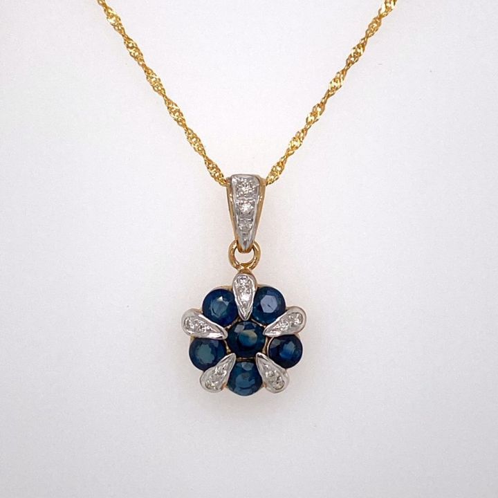 9ct Yellow Gold Sapphire & Diamond Round Flower Pendant