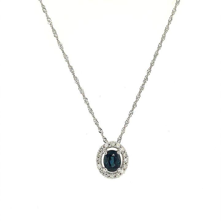 9ct White Gold Oval Sapphire & Diamond Cluster Pendant