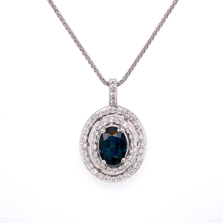 9ct White Gold Oval Sapphire & Diamond Cluster Pendant