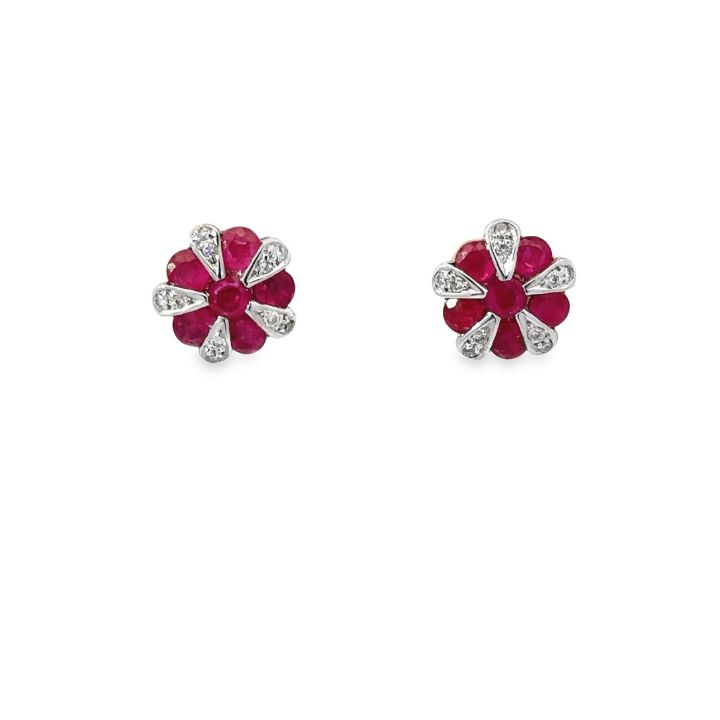 9ct Yellow Gold Round Ruby & Diamond Cluster Earrings