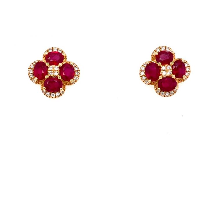18ct Yellow Gold Ruby & Diamond Four Leaf Cluster Earrings