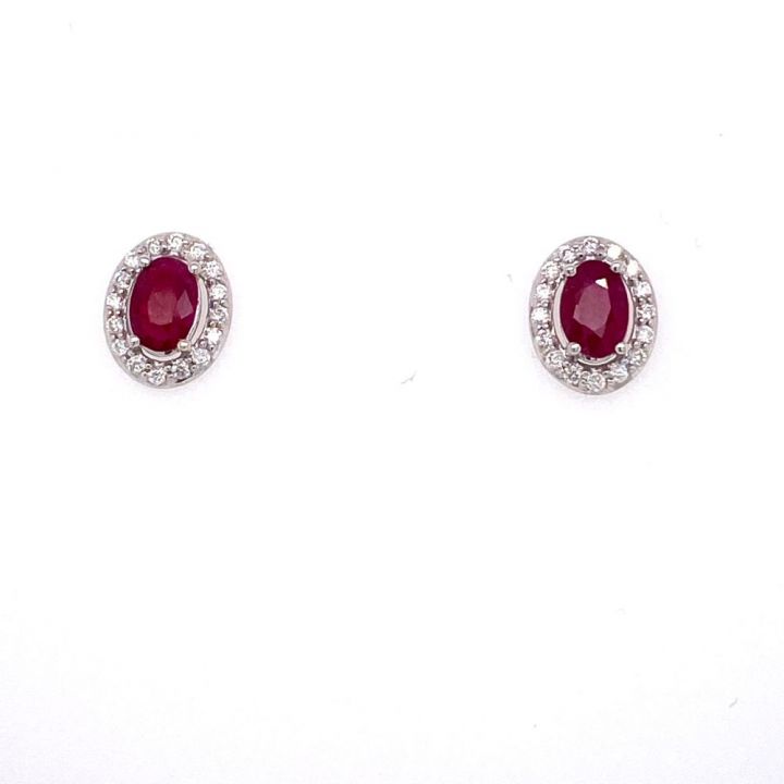 9ct White Gold Oval Ruby & Diamond Stud Earrings
