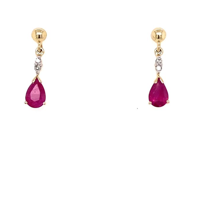 9ct Yellow Gold Ruby & Diamond Drop Earrings