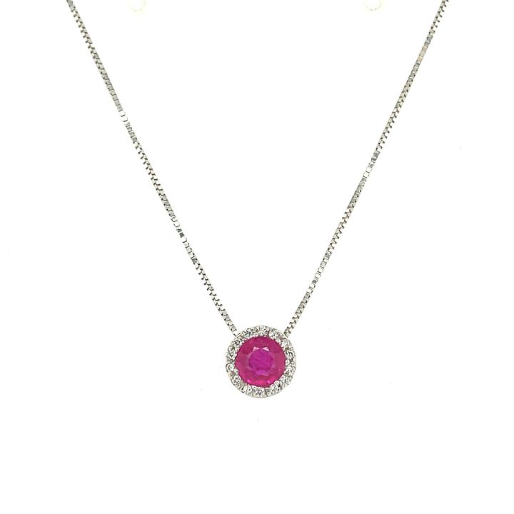 9ct White Gold Round Ruby & Diamond Cluster Pendant