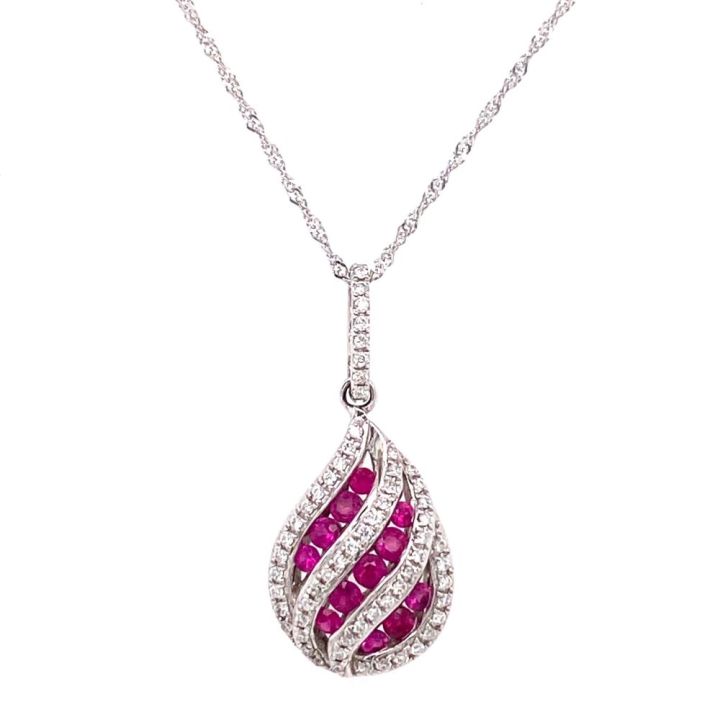 18ct White Gold Ruby & Diamond Pear Shaped Pendant