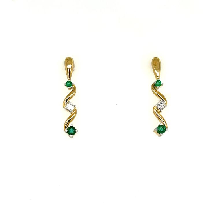 9ct Yellow Gold Emerald & Diamond Wavy Drop Earrings