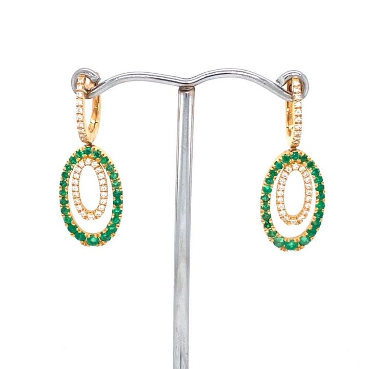 18ct Yellow Gold Emerald & Diamond Ovals Drop Earrings