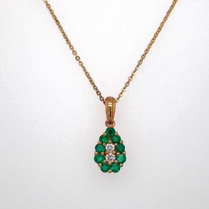 9ct Yellow Gold Pear Shaped Emerald & Diamond Cluster Pendant