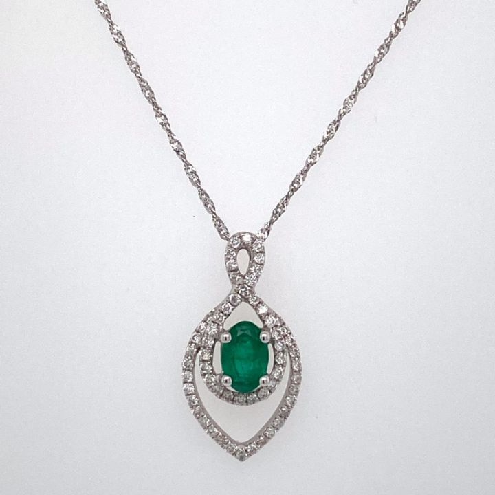 18ct White Gold Fancy Pear Shaped Emerald & Diamond Pendant