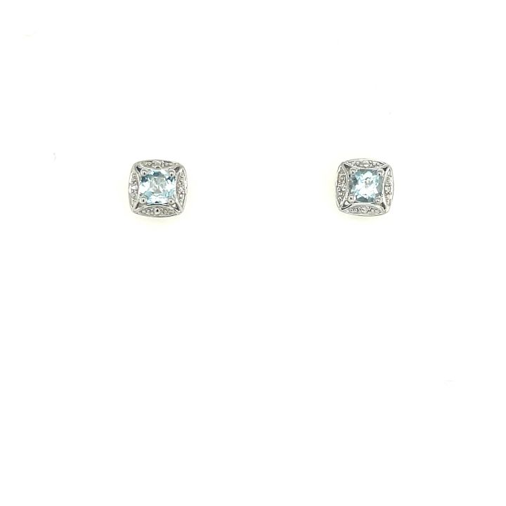 9ct White Gold Cushion Shaped Aquamarine & Diamond Earrings