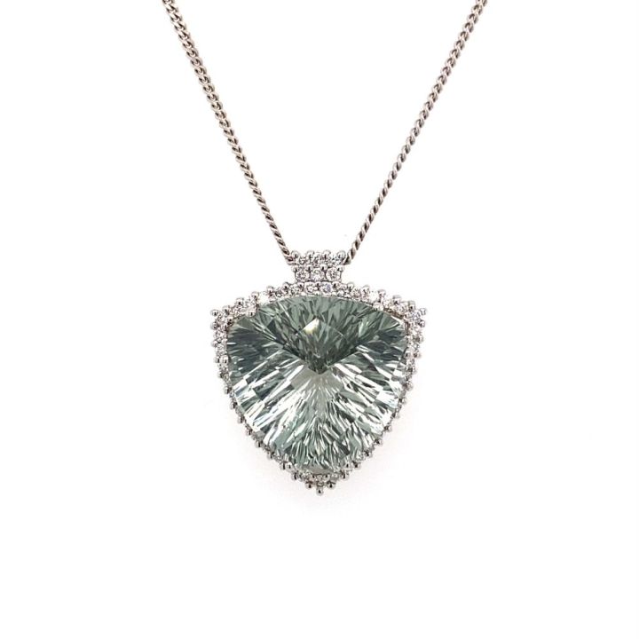 18ct White Gold Trilliant Green Amethyst & Diamond Pendant