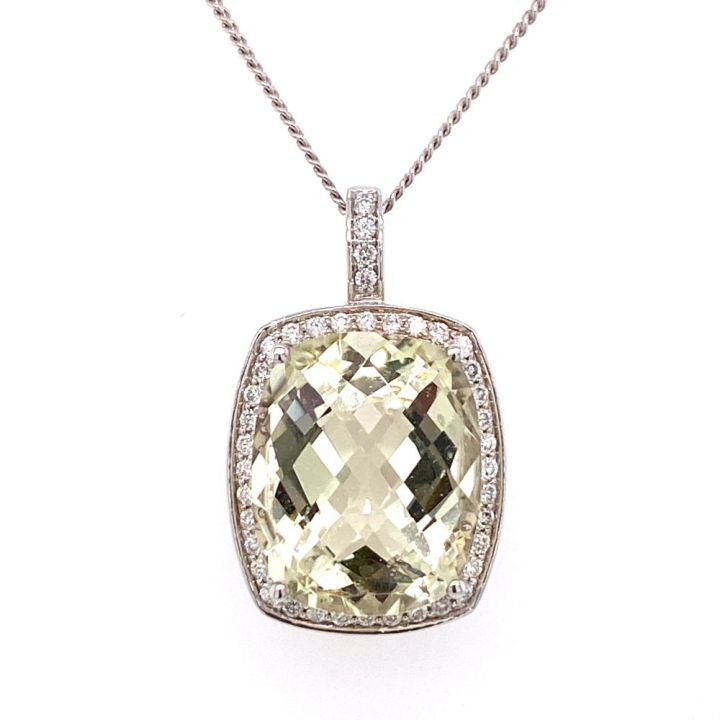 18ct White Gold Lemon Quartz & Diamond Pendant