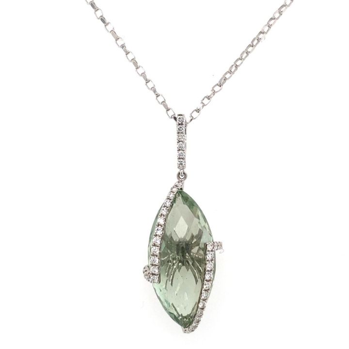 18ct White Gold Marquise Green Amethyst & Diamond Pendant