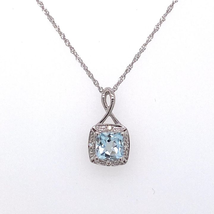 9ct White Gold Square Aquamarine & Diamond Pendant