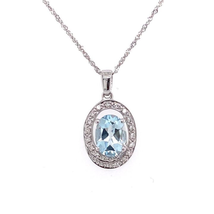 9ct White Gold Oval Aquamarine & Diamond Pendant