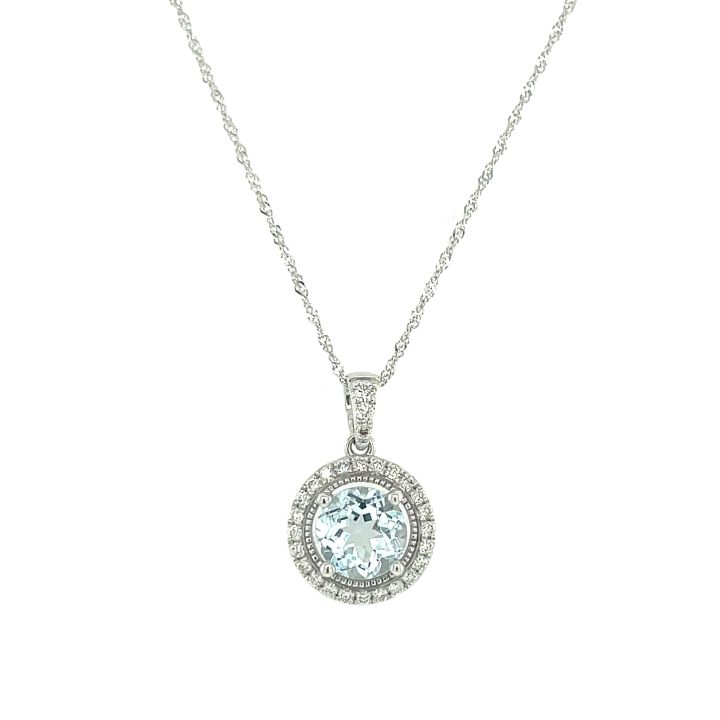 9ct White Gold Round Aquamarine & Diamond Pendant