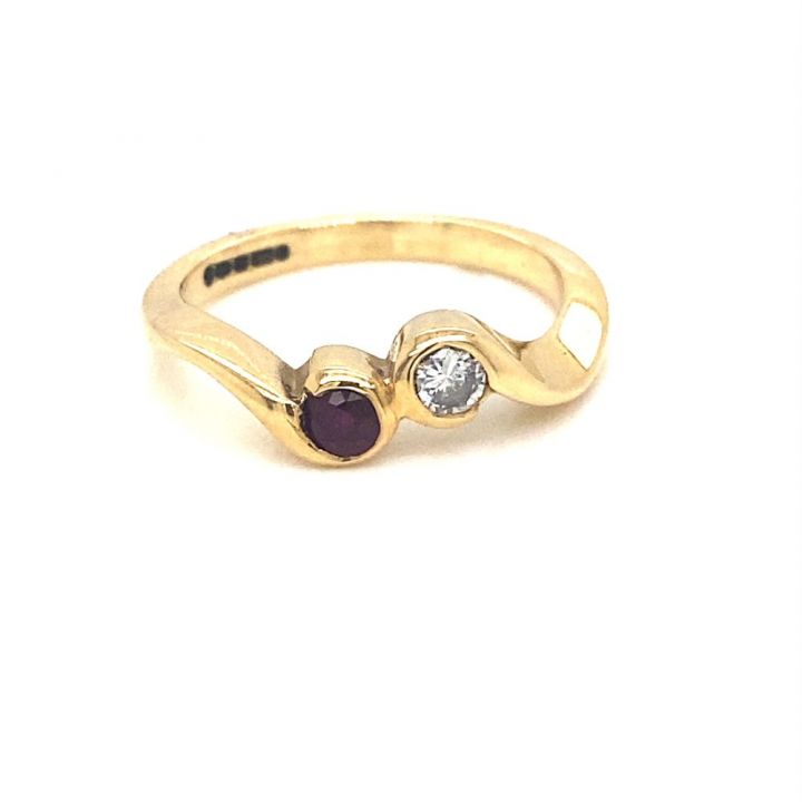 Pre Owned 18ct Yellow Gold Ruby & Diamond Two Stone Ring