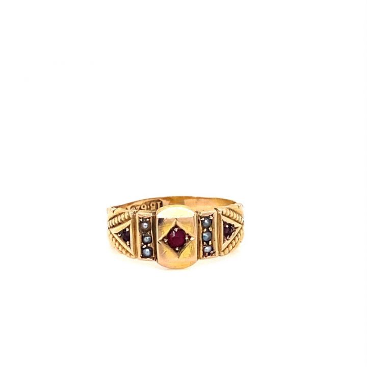 Pre Owned 15ct Yellow Gold Ruby & Seed Pearl Ring