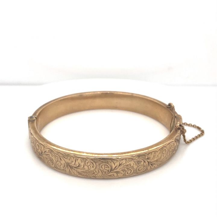 Preowned 9ct Yellow Gold Half Engraved Bangle