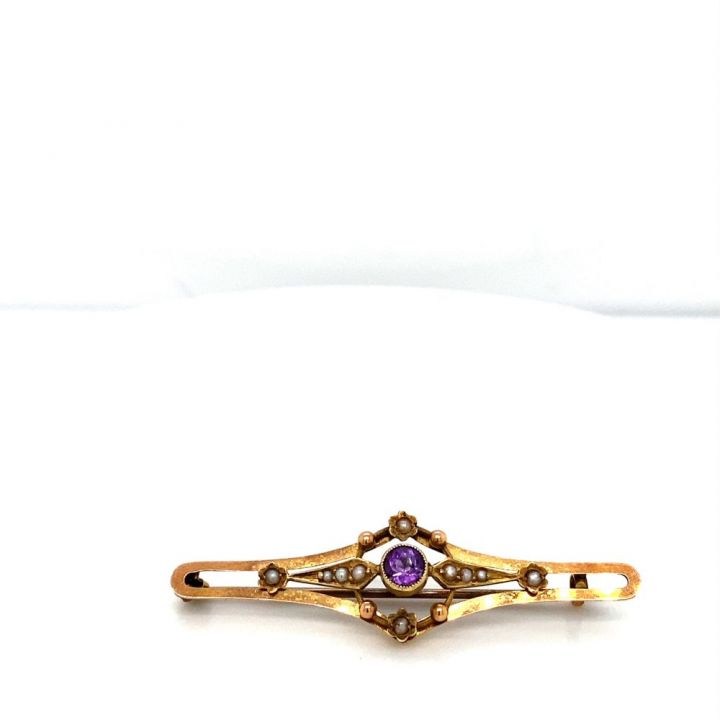 Pre Owned Yellow Gold Pearl & Amethyst Brooch