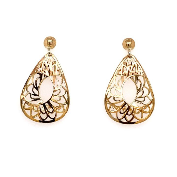 9ct Yellow Gold Openwork Pear Shaped Drop Earrings