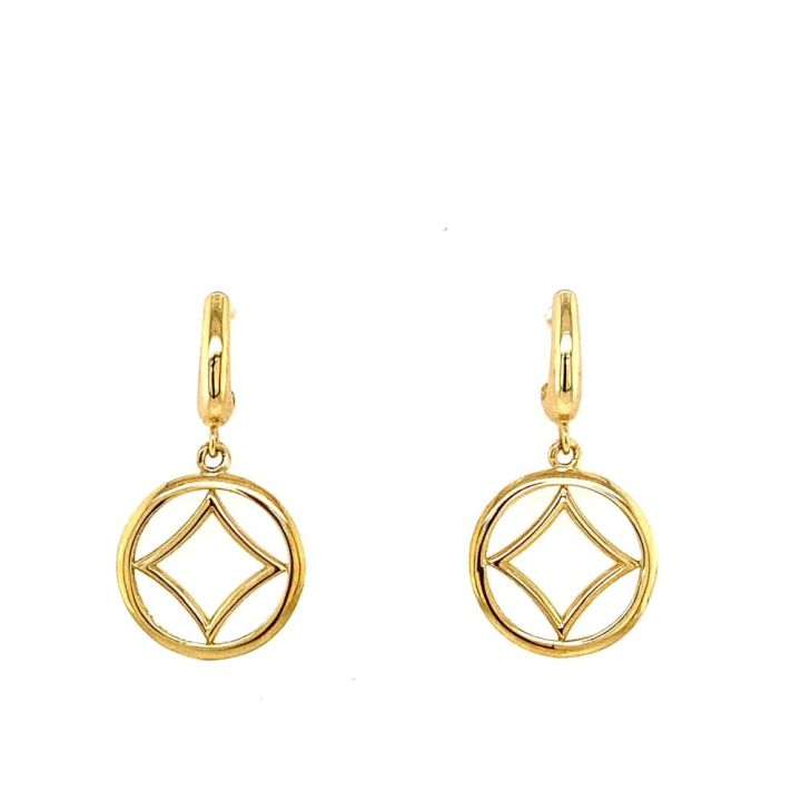 9ct Yellow Gold Circle & Diamond Shape Drop Earrings