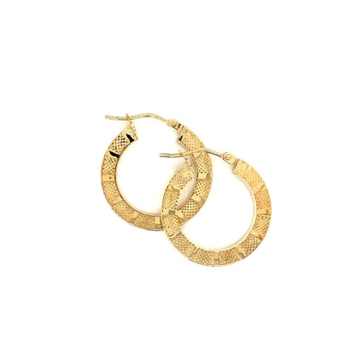 9ct Yellow Gold Textured Line Design Hoop Earrings