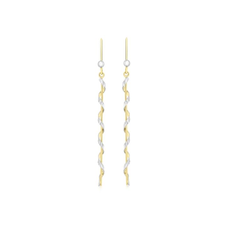 9ct Yellow & White Gold Long Twirl Drop Earrings