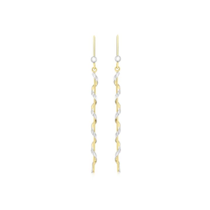 9ct Yellow & White Gold Long Twirl Drop Earrings