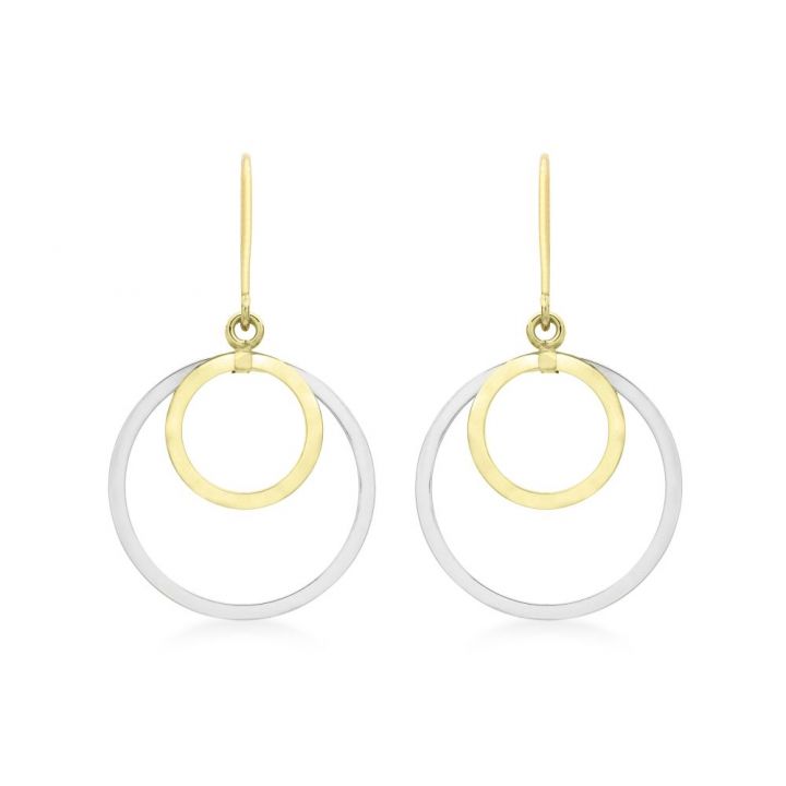 9ct Yellow & White Gold Double Circle Drop Earrings