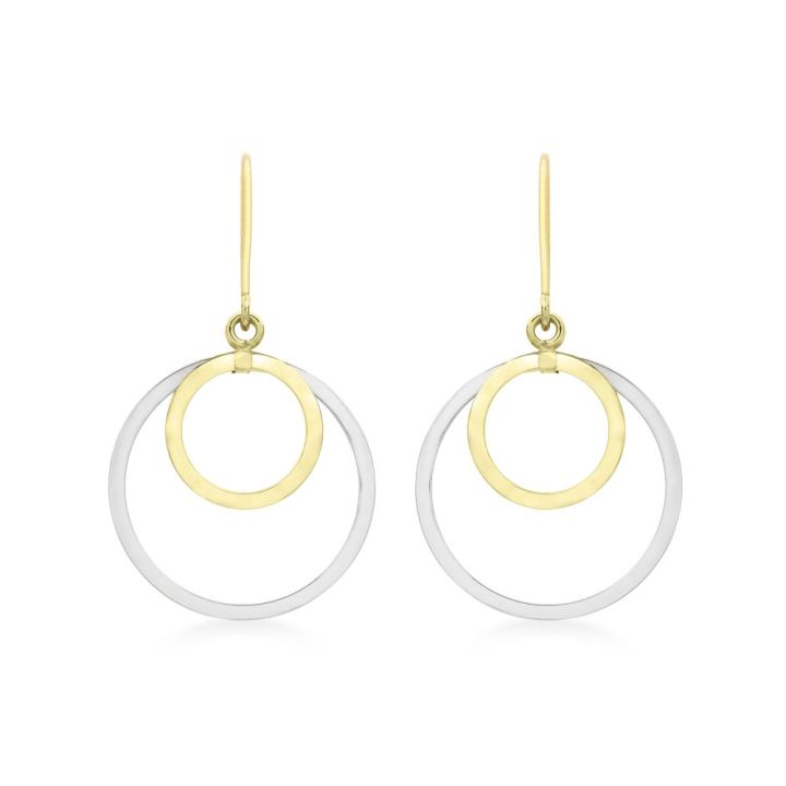 9ct Yellow & White Gold Double Circle Drop Earrings
