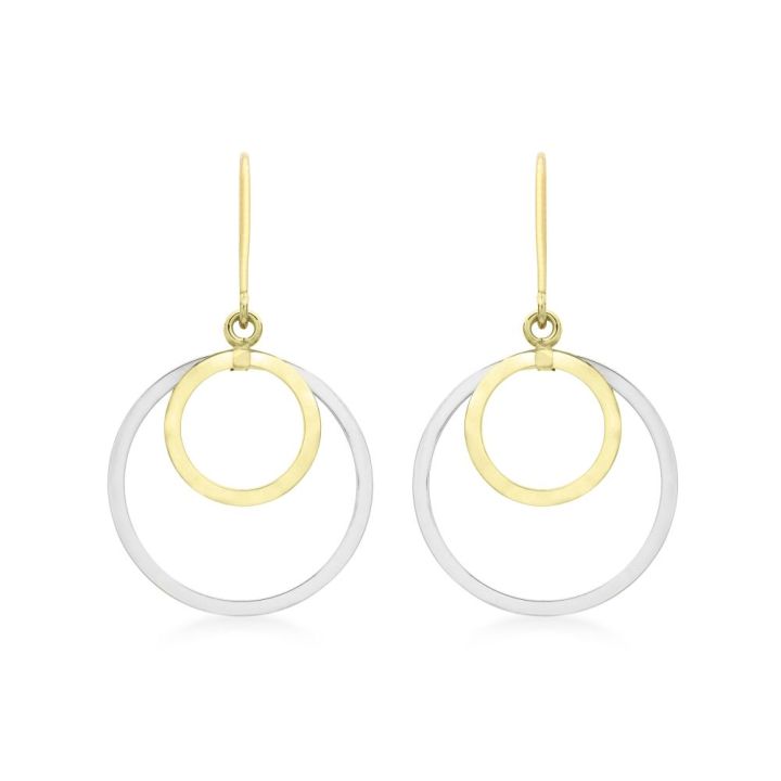 9ct Yellow & White Gold Double Circle Drop Earrings