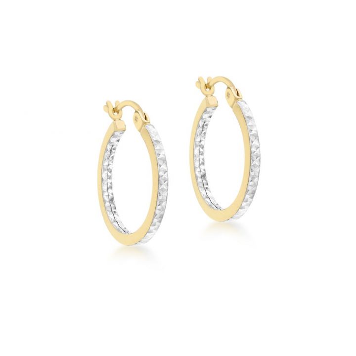 9ct Yellow & White Gold Diamond Cut Hoop Earrings