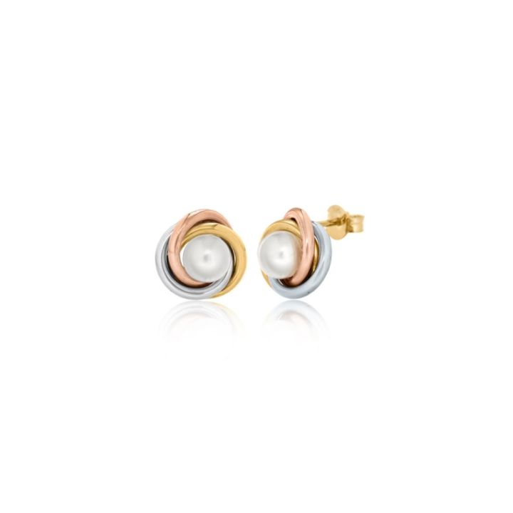 9ct Three Colour Gold Knot Pearl Stud Earrings