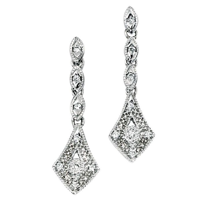 9ct White Gold Vintage Style Diamond Set Drop Earrings
