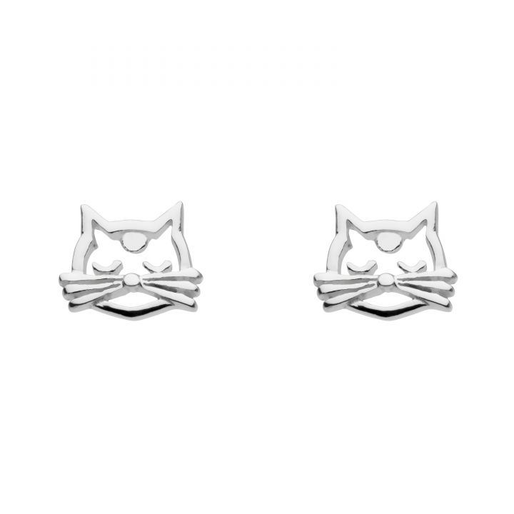 Dew Silver Cat Face Stud Earrings