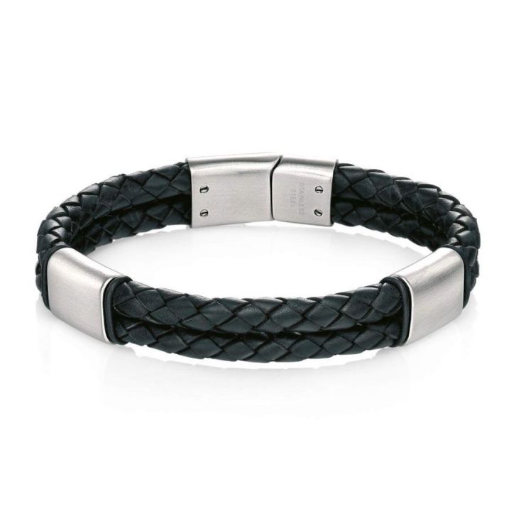 Fred Bennet Black Leather Bracelet with Stainless Steel