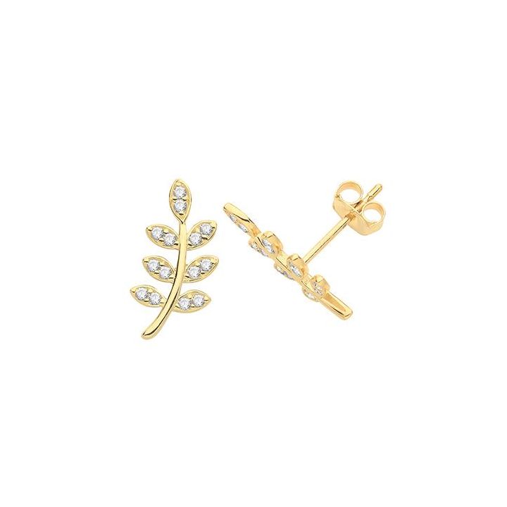 9ct Yellow Gold CZ Leaf Stud Earrings