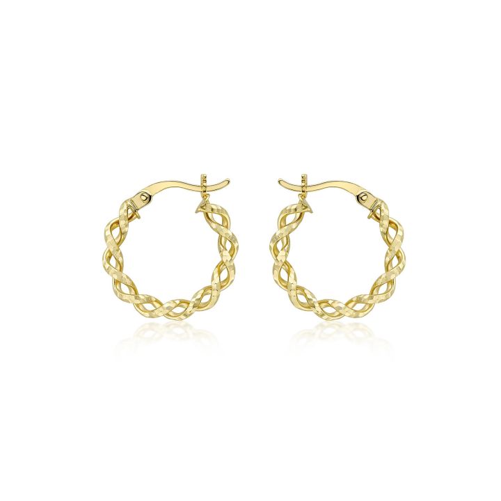 9ct Yellow Gold Twisted Diamond Cut Hoop Earrings