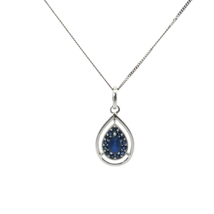 9ct White Gold Teardrop Sapphire Cluster Pendant