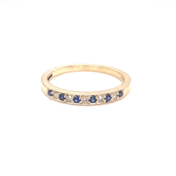 9ct Yellow Gold Sapphire & Diamond Grain Set Half Eternity Ring