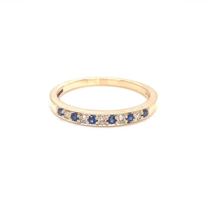 9ct Yellow Gold Sapphire & Diamond Grain Set Half Eternity Ring