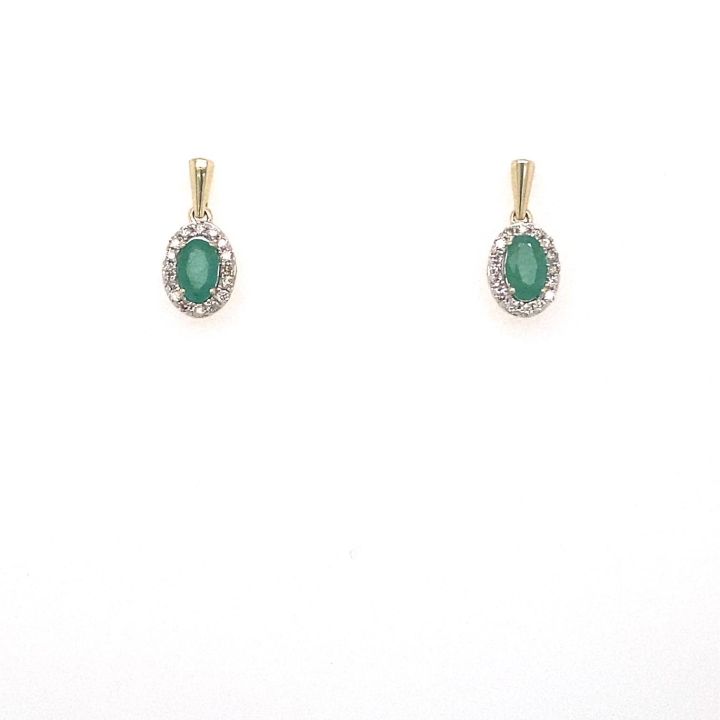 9ct Yellow Gold Oval Emerald & Diamond Cluster Drop Earrings