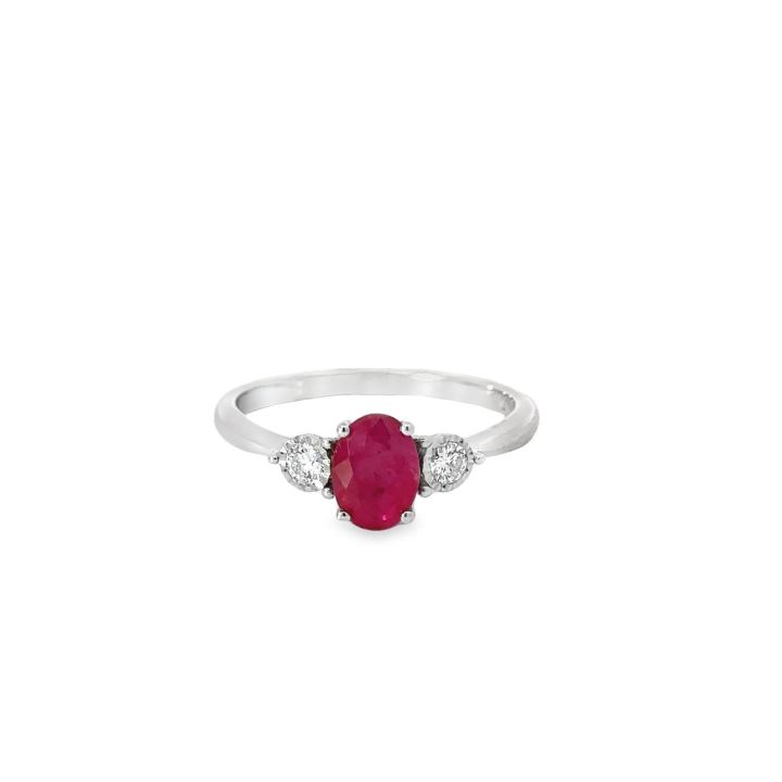 9ct White Gold Oval Ruby & Diamond Three Stone Ring