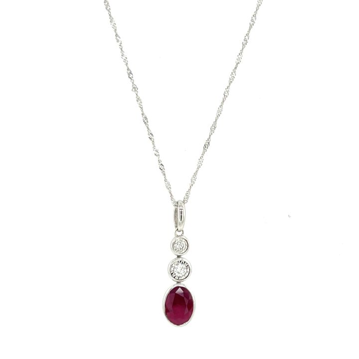 9ct White Gold Ruby & Diamond Three Stone Drop Pendant