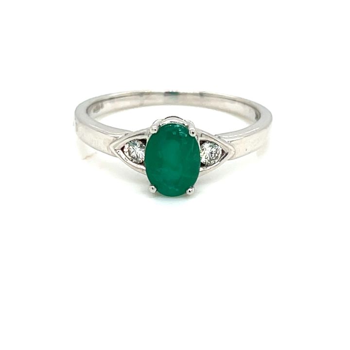 9ct White Gold Oval Emerald & Diamond Three Stone Ring