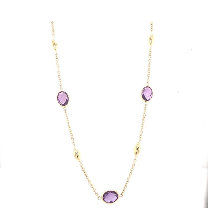 9ct Yellow Gold Amethyst & Bead Necklace